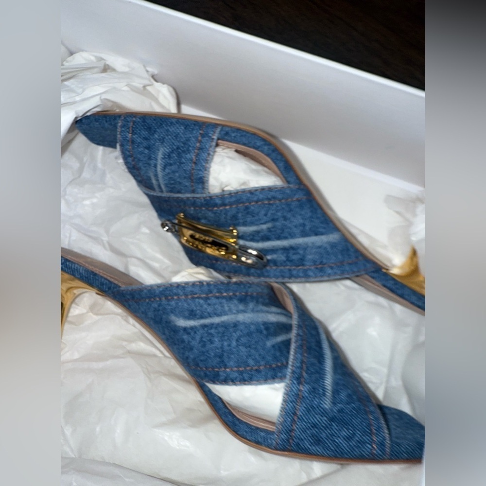 Balmain Safety Pin Blue Denim Heels with Gold Detail